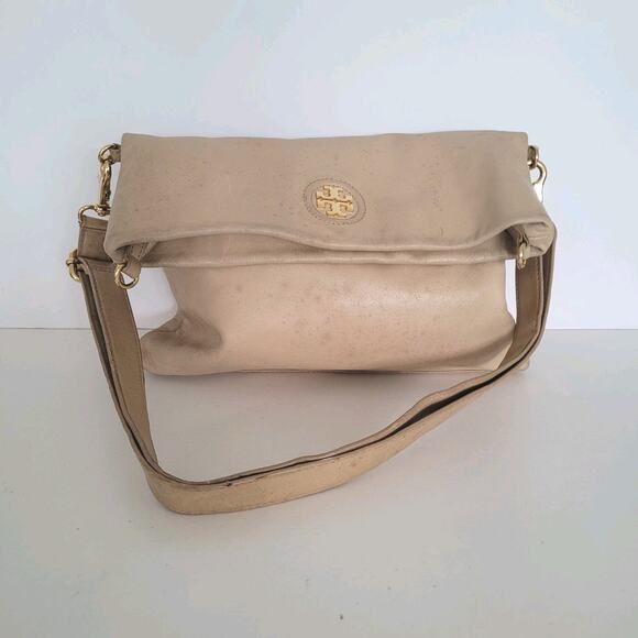 Tory Burch Geniue Leather Tan Beige Foldover Flap Shoulder Bag Purse Medium Fair - Picture 1 of 11